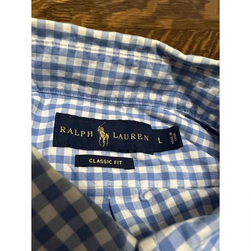 Ralph Lauren Polo Shirt Mens L Classic Fit Blue White Gingham Pink Pony